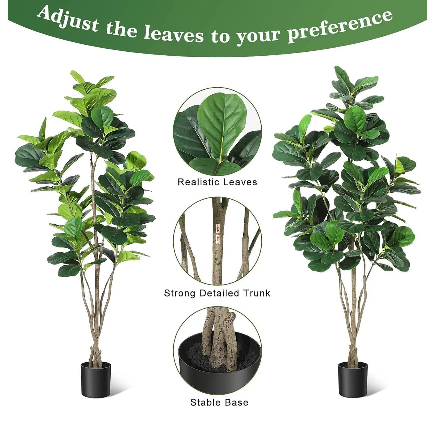 Artificial Fiddle Leaf Fig Tree Large Faux Plant Tree with Black Planter Pot Fake Potted for Indoor Outdoor Home Office Decor