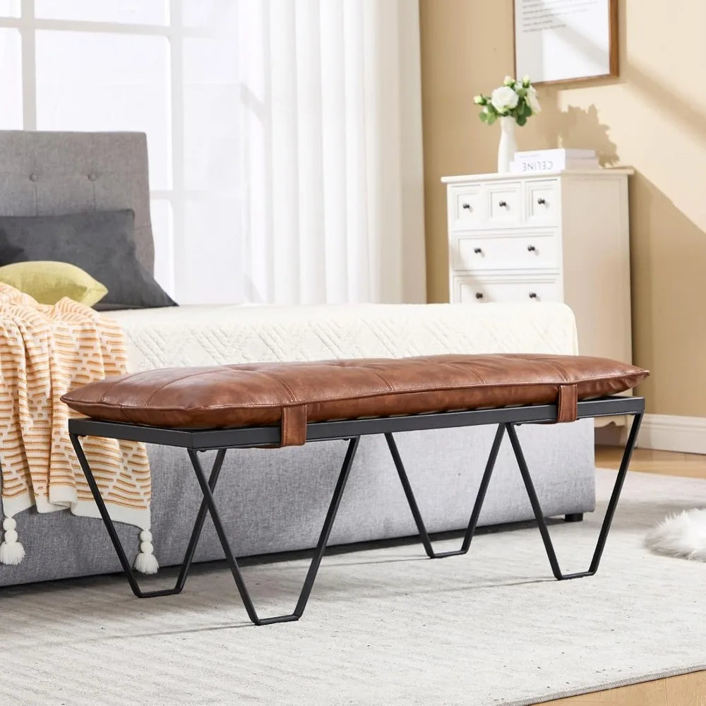 Modern Industrial Entryway Bench – PU Leather Upholstered End-of-Bed Ottoman