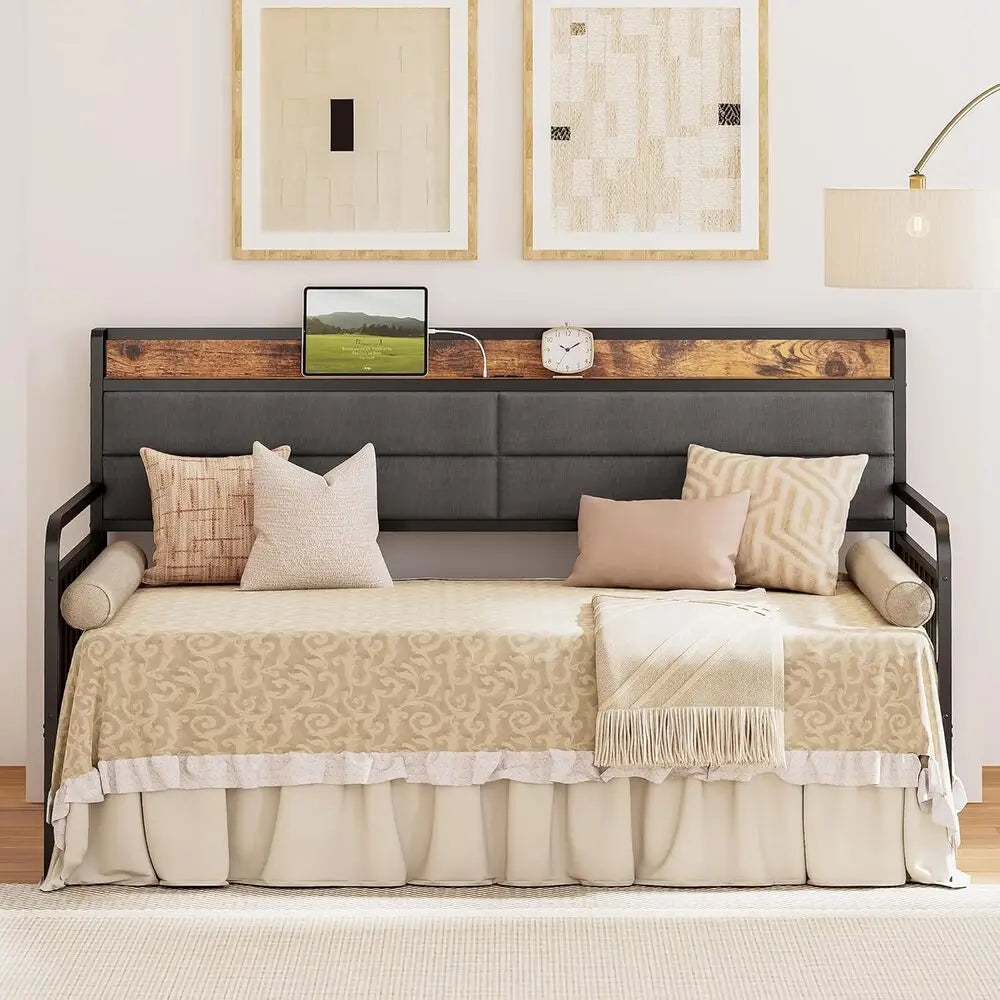 Metal Daybed with Trundle – Upholstered Headboard & Charging Station (Full / Twin XL)