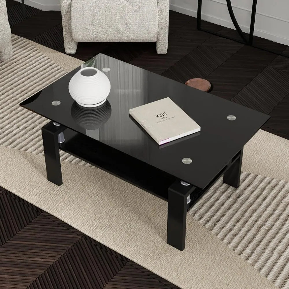 Clear Glass Coffee Table – All-Black Metal Tube Frame Center Table