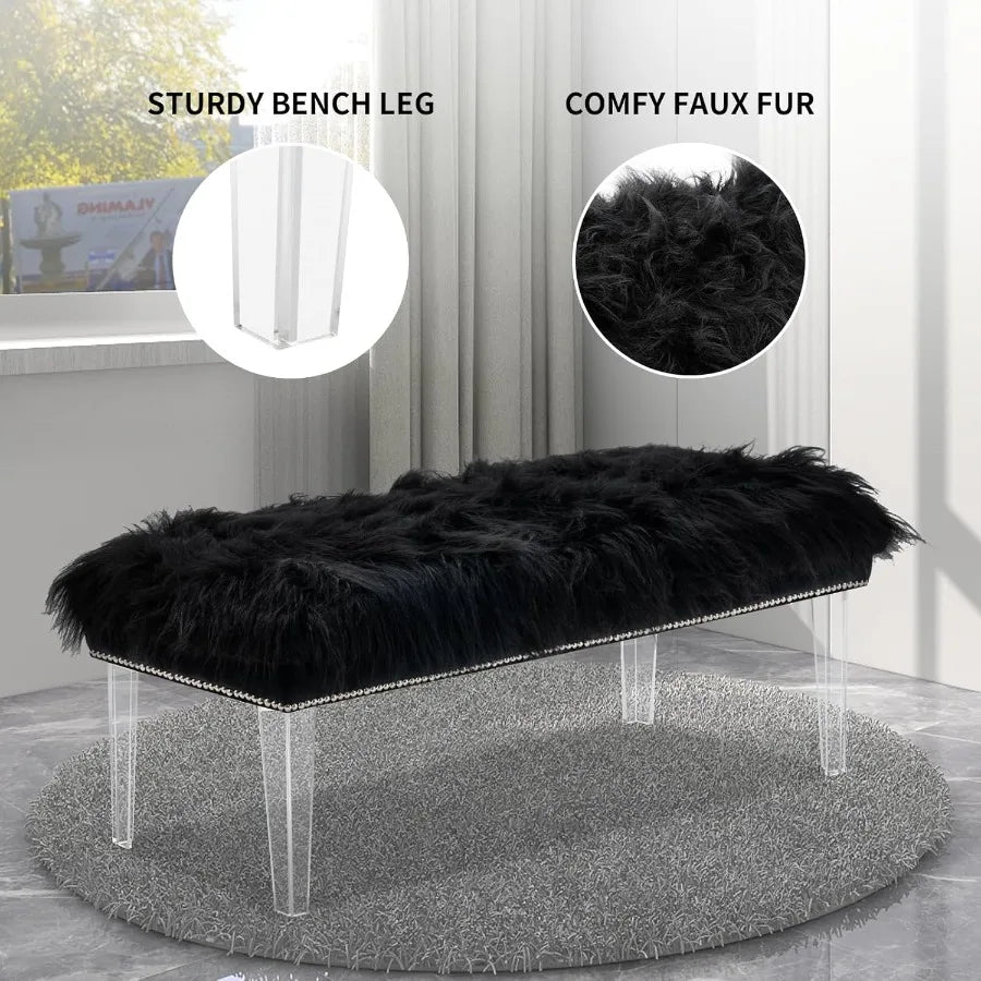 Black Upholstered Bedroom Bench – 46″ White Faux Fur Tufted Bench