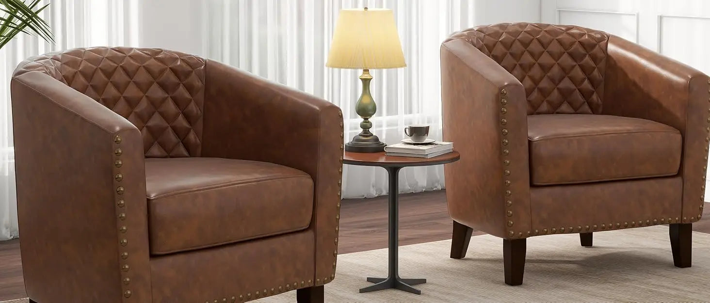 Pia Ricco Faux Leather Barrel Accent Chair – Modern Club Armchair with Wood Legs