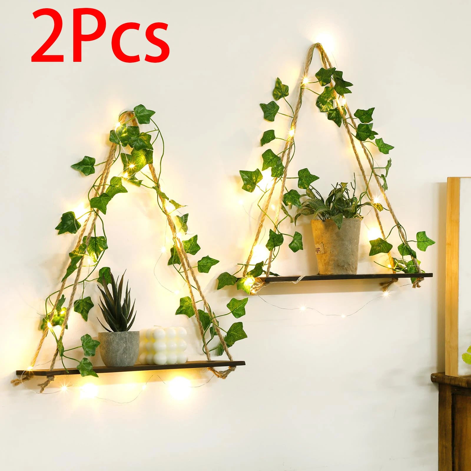Floating Wall Shelf with Artificial Ivy LED Strip – Boho Style