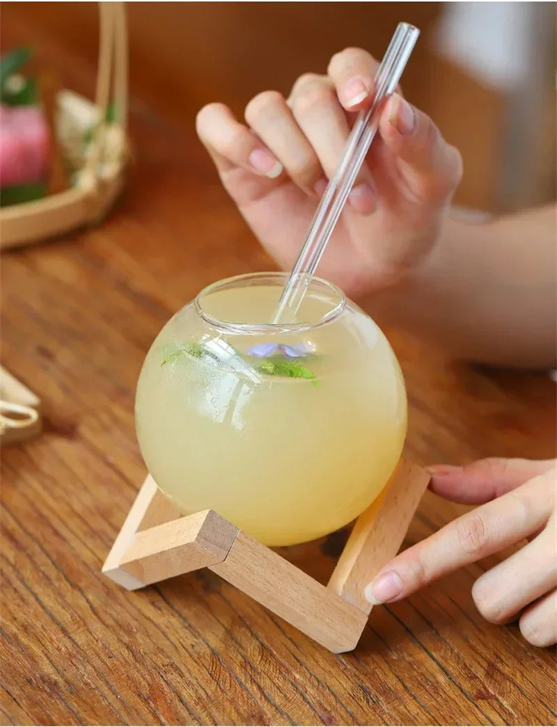 Creative Ronud Ball Glass Cup with Wood Stand Straw Wine Cocktail Glass Cup Clear Moon Ball Cold Drinking Juice Cups