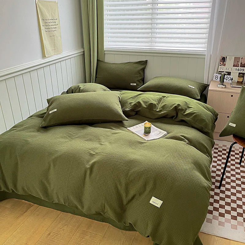 Simple Waffle Jacquard 100% Cotton Bedding Set Soft Comfortable Queen Duvet Cover Set with Sheets Quilt Cover and Pillowcases