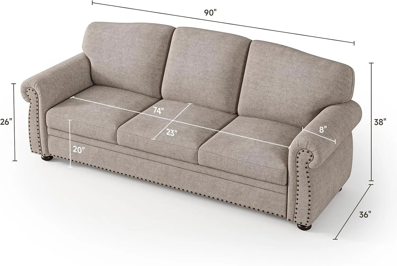 90 Inch Nailhead Trim Couch for Living Room, 23 Inch Deep Seat Rolled Arm Sofa, Comfy Upholstered 3 Seater Chenille Couch w/Wood