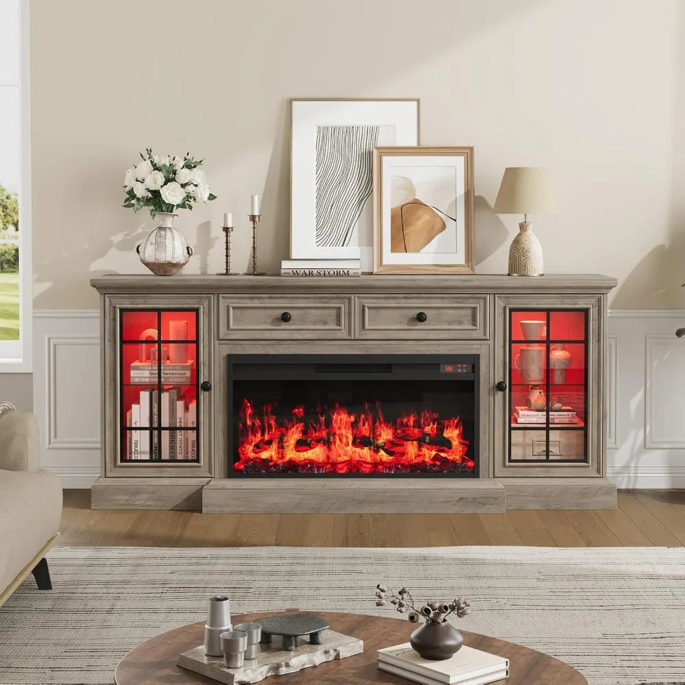 Fireplace TV Stand Up to 80" TVs,70'' Modern Entertainment Center with 36" Electric Fireplace&LED Lights,Farmhouse Media Console