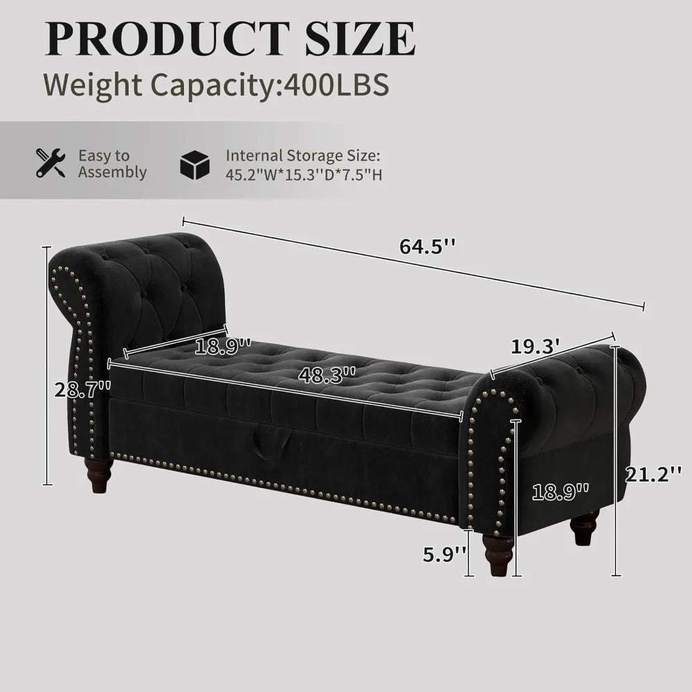 Mid-Century Velvet Storage Ottoman Bench – Black Tufted with Rolled Arms