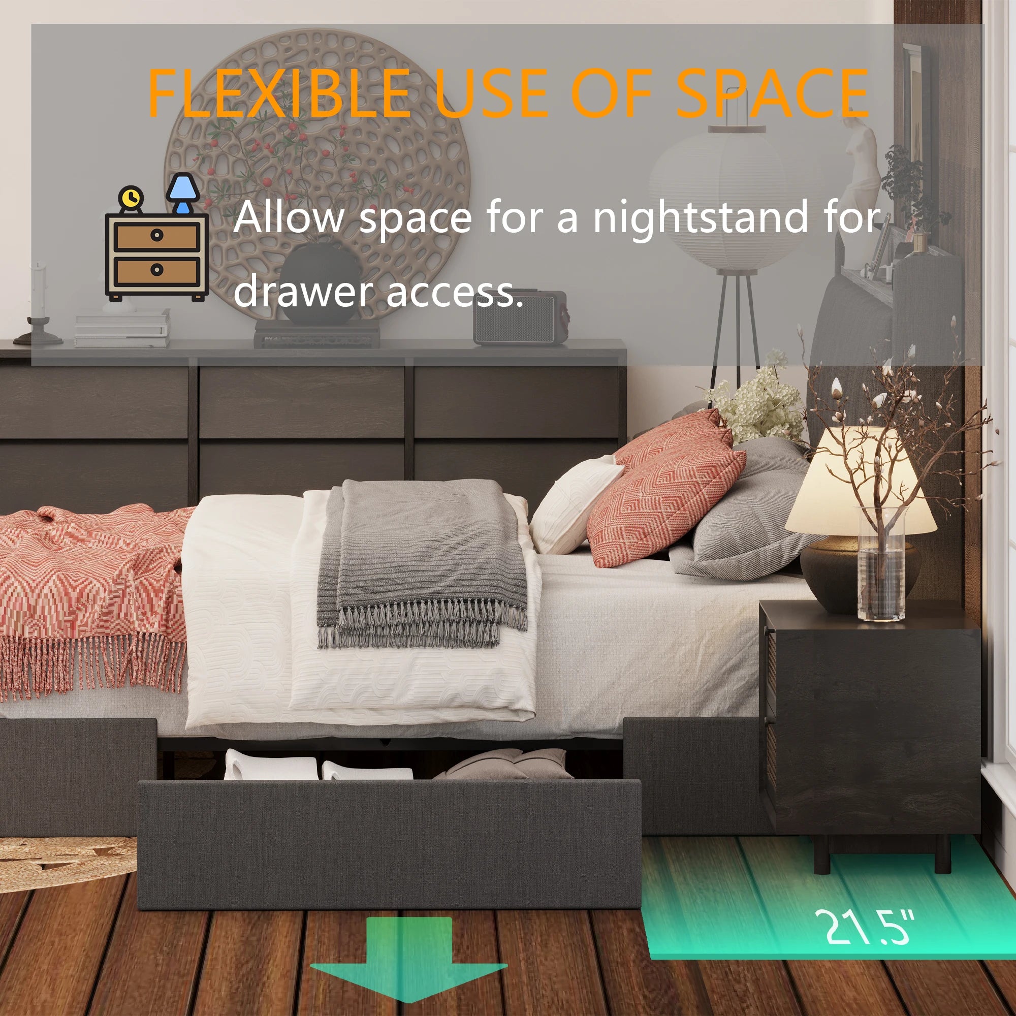 Upholstered Platform Bed Frame with 3 Storage Drawers – Storage Headboard & Charging Station