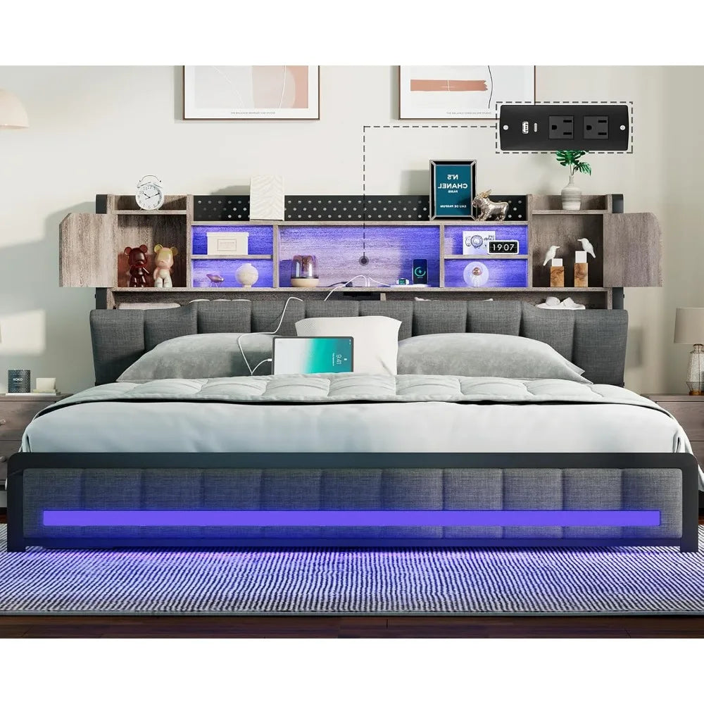 Queen Upholstered Bed Frame with Storage Bookcase Headboard & LED Lights – USB Charging Station