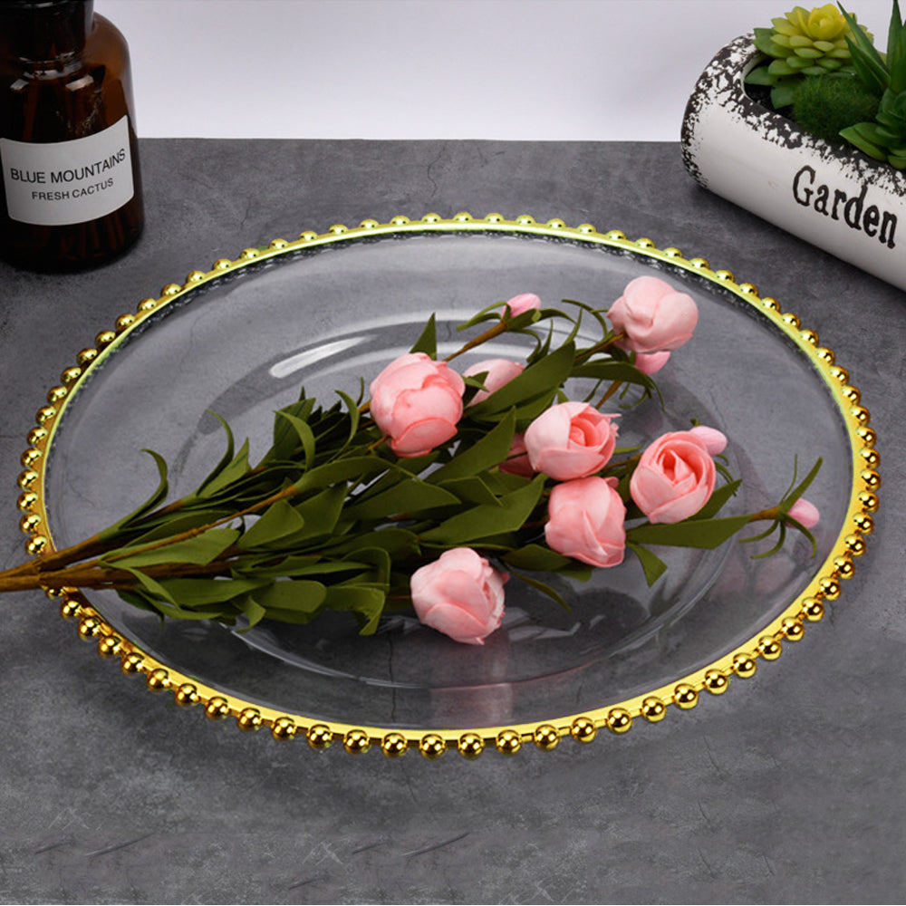 Clear Acrylic Charger Plate with Gold Beaded Rim – Decorative Dinner & Serving Plate