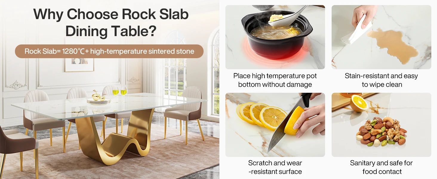 Tribesigns 78.74" Sintered Stone Dining Table for 6-8, Modern Rectangle Dining Table, Luxury White & Gold Kitchen Table