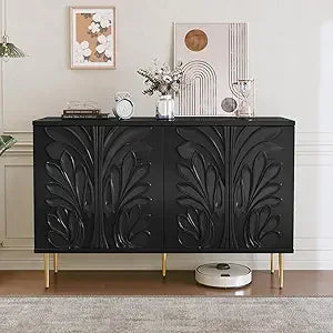 Sideboard Buffet Cabinet with 3D Flower Pattern, Accent Cabinet with 4 Doors & Adjustable Shelves, Wood Decorative Credenza with