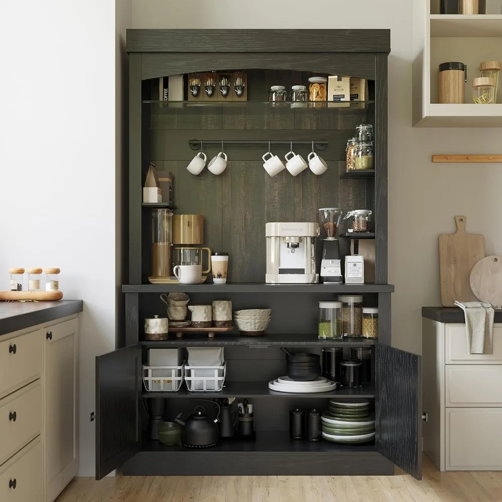 72″ Tall Farmhouse Coffee Bar Cabinet – LED Buffet Sideboard with Storage