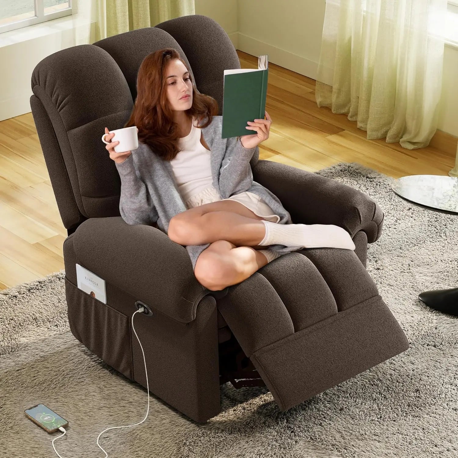 Adjustable Power Recliner Chair, Soft Teddy Electric Recliner Chair, Power Recliners with USB Port, Eco-Certified Small Recliner