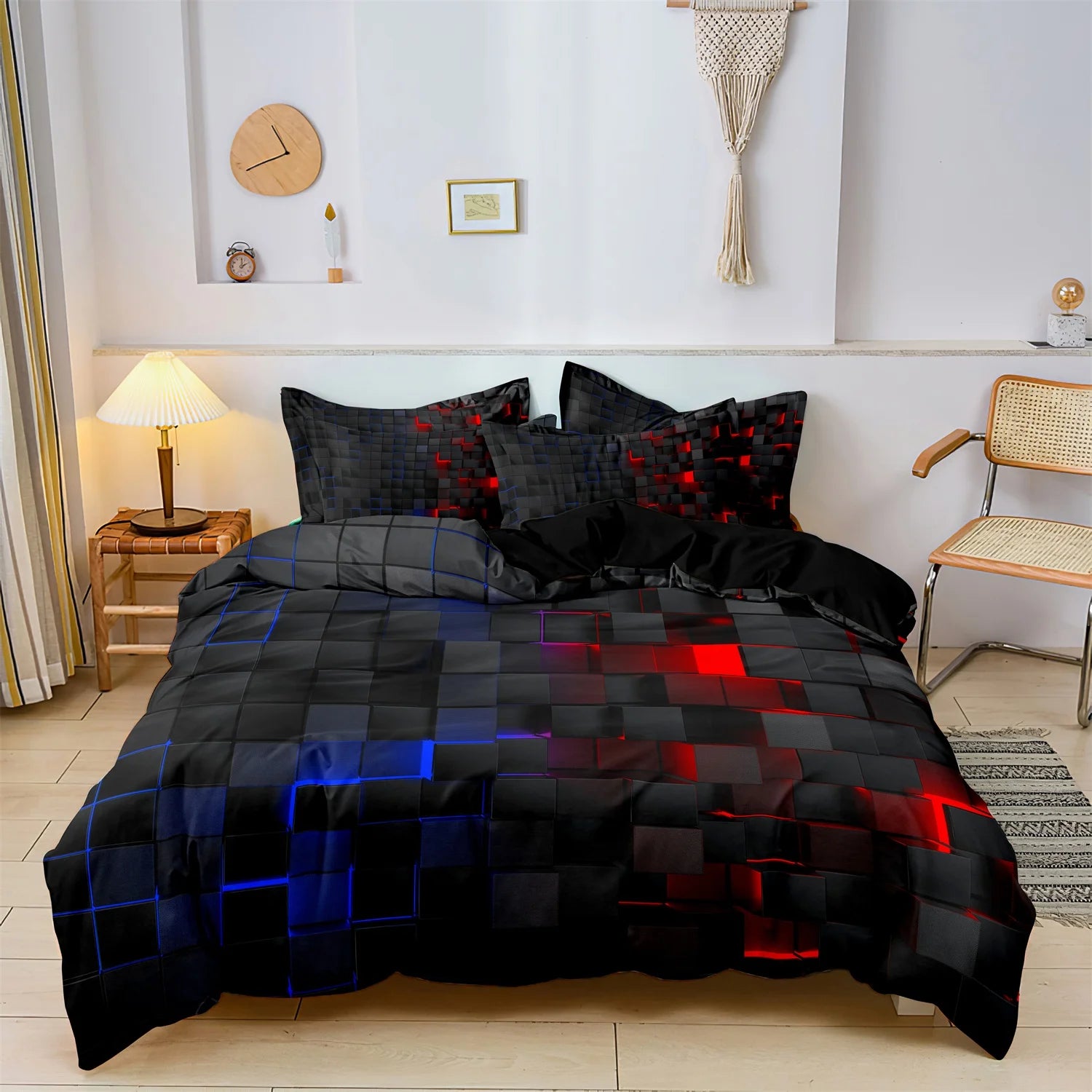 3pcs 3D Digital Print Energy Block Geometric Cube Modern Grid Plaid Checked Bedding Set  Includes 1*Duvet Cover & 2*Pillowcases