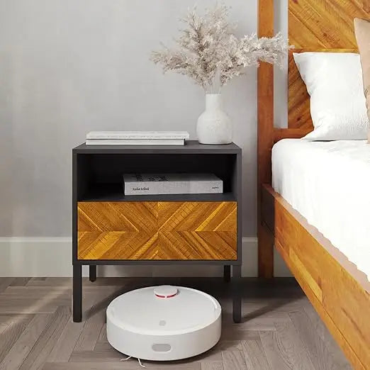 Rustic Herringbone Solid Wood Nightstand, Bedside Table for Easy Assembly in Traditional Bedroom Decor