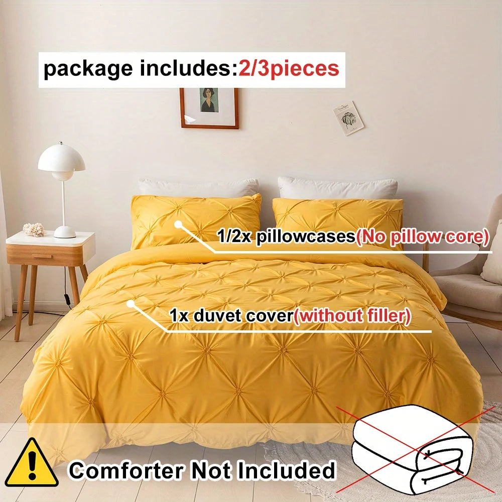 3D Buttoned Pleated Quilt Cover Set 100% Polyester Fabric Soft Skin-friendly Duvet Cover and Pillowcases Solid Color Bedding Set