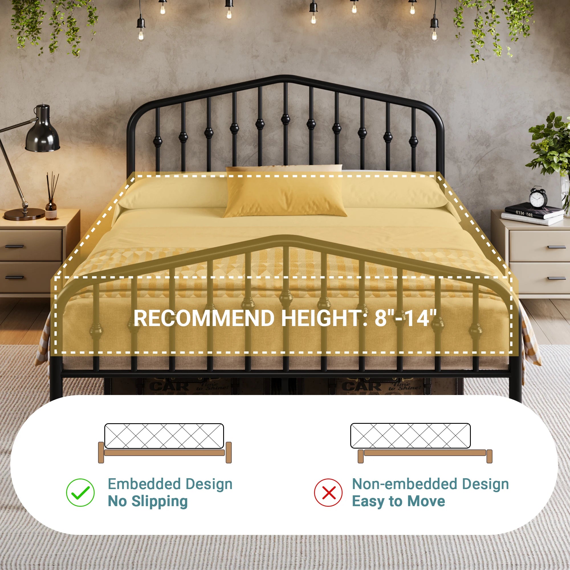 14″ Metal Platform Bed Frame – Victorian Wrought Iron Headboard & Footboard