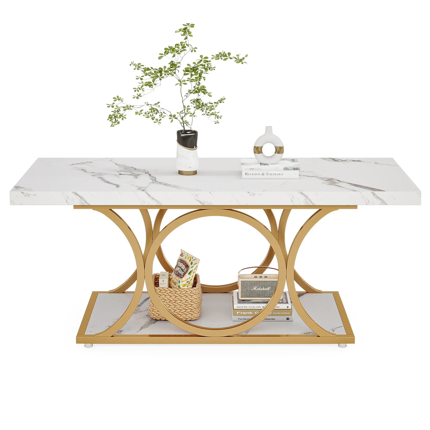 Rectangular Modern Coffee Table – 47.24” 2-Tier Faux Marble & Wood Center Table