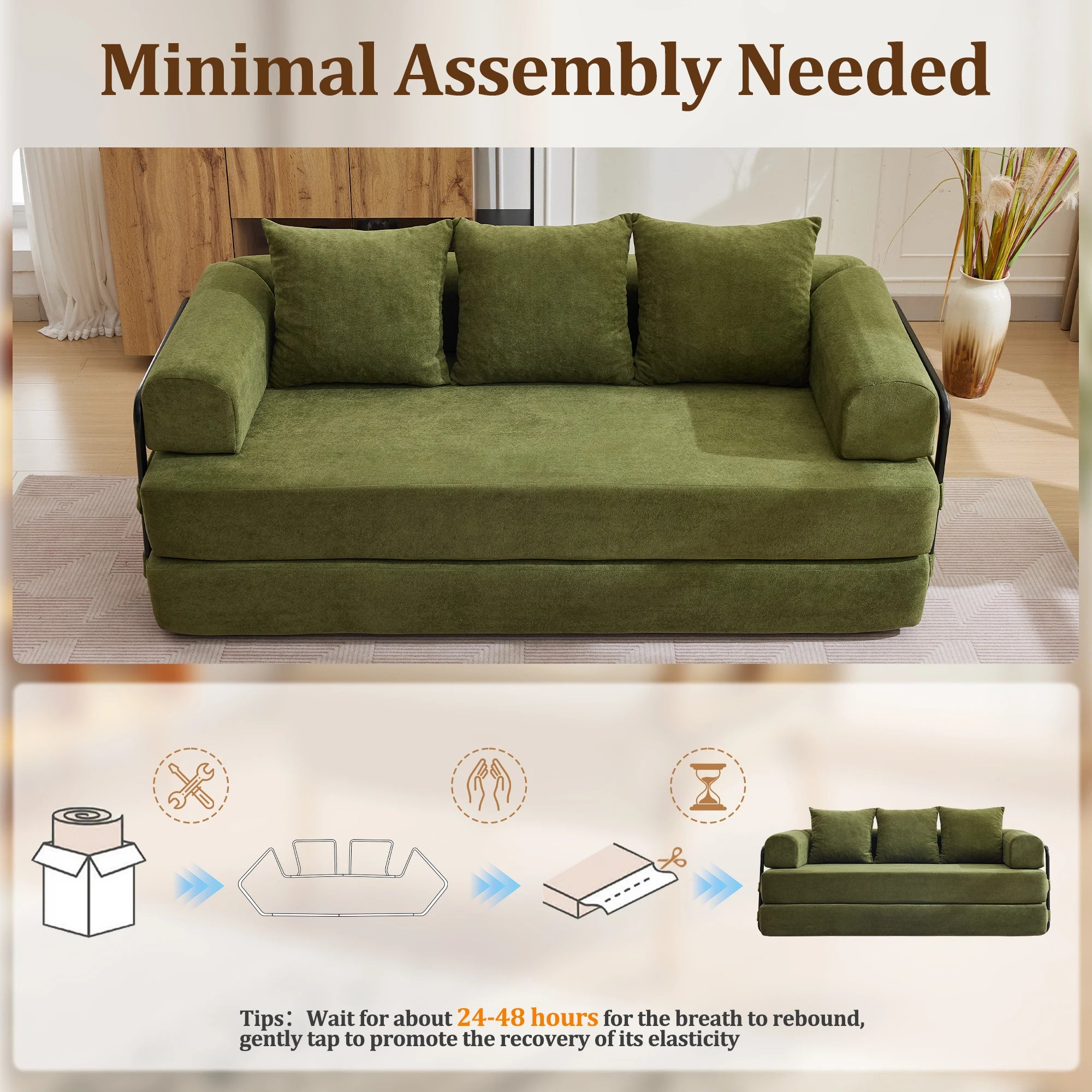 Korser Convertible Sofa Bed with Pillows Modular Floor Sofa with Fixed-Shape Frame Chenille Removable Folding Mattress Couch