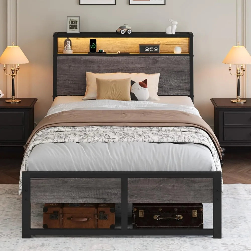 Twin Size Platform Bed Frame with Storage Headboard, LED Lighting & Built-In Charging Port