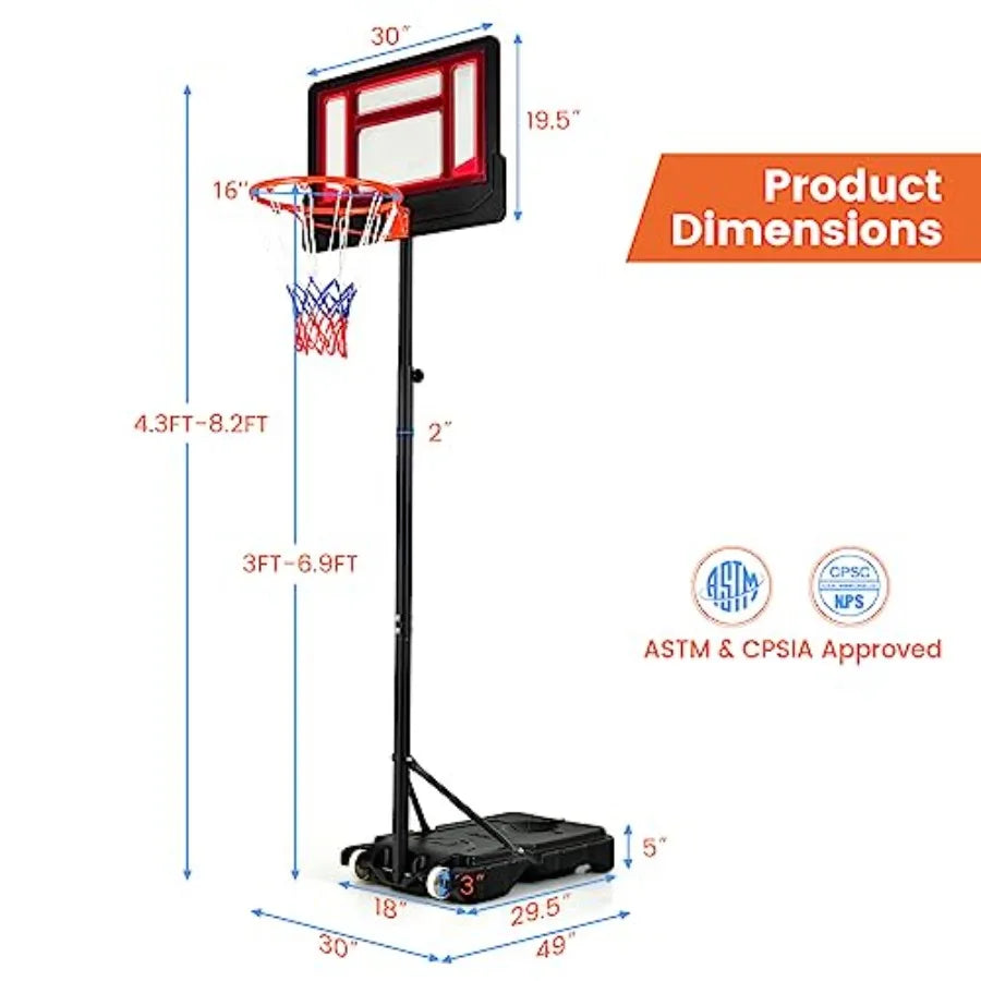 Adjustable Portable Basketball Hoop – 4.3–8.2 FT Goal System with Shatterproof Backboard