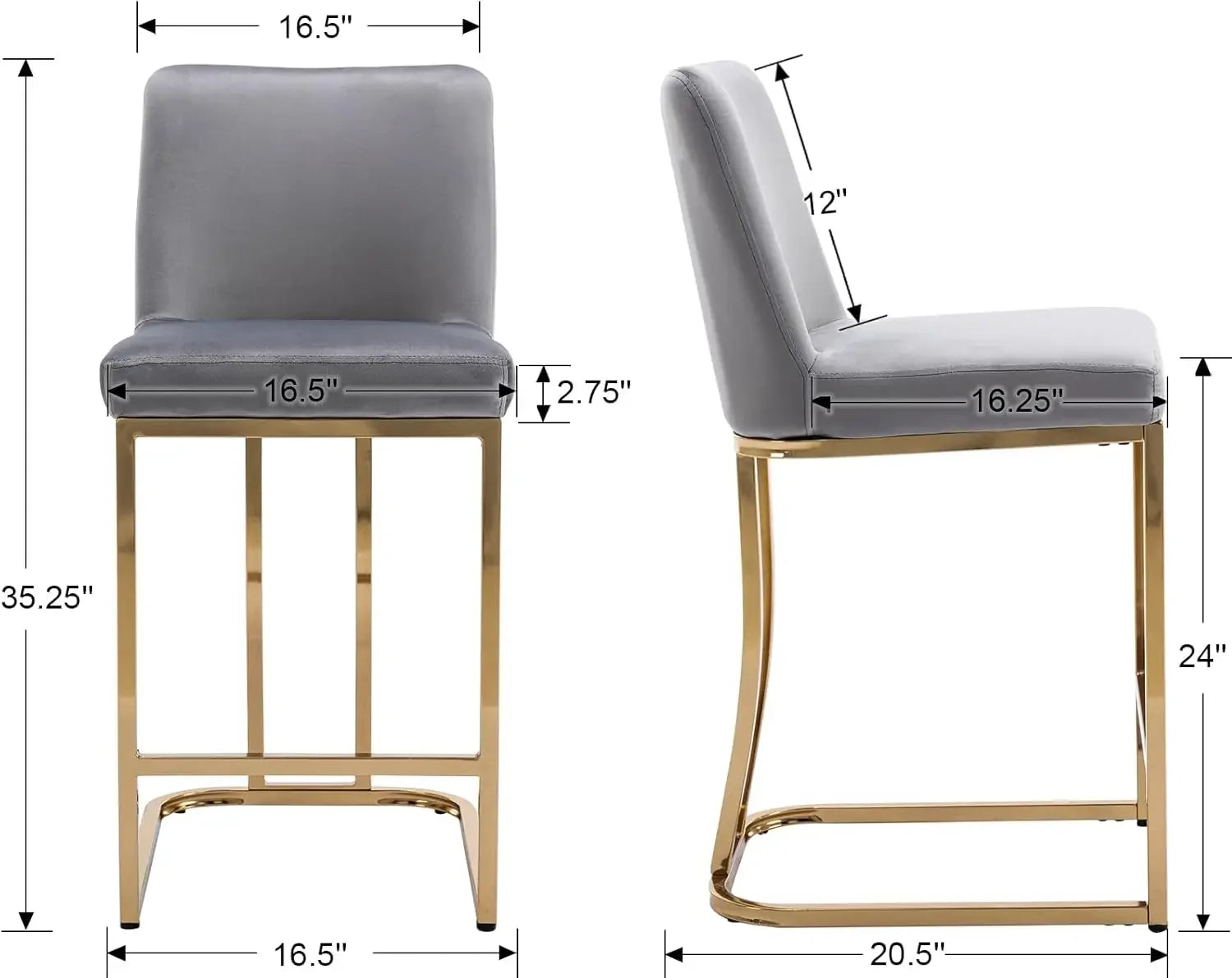 Modern Gold Counter Stools – Velvet Upholstered Barstools with Gold Legs (Gray)