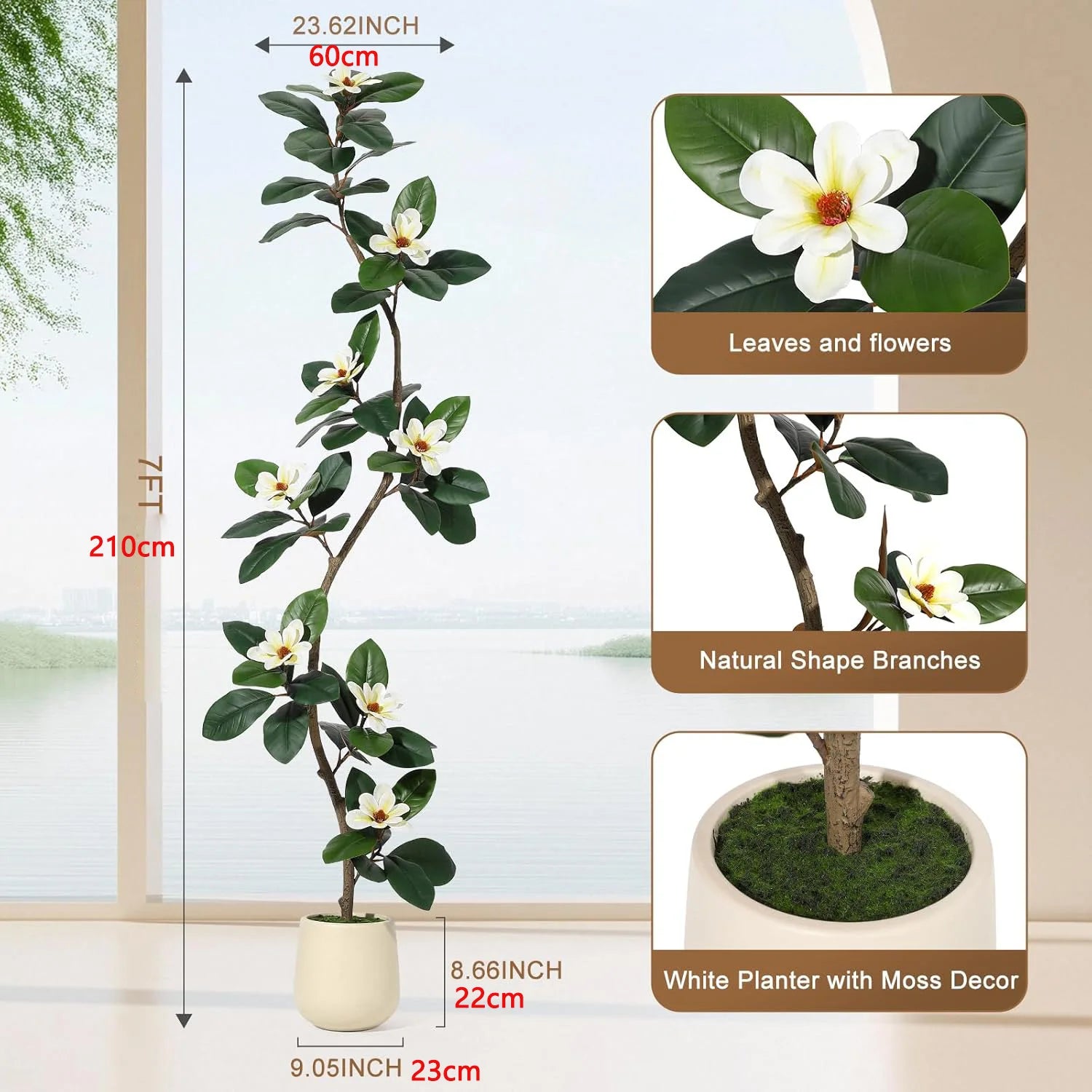 Artificial Rubber Tree with Magnolia Flowers 150/180/210cm Faux Plants with White Planter Pot Fake Tree for Home Office Decor