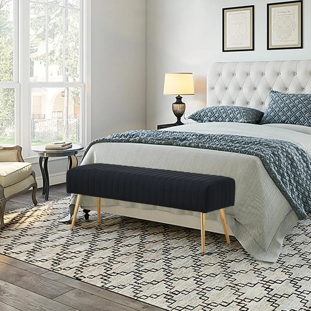 Black Upholstered Ottoman Bench – 44″ with Gold Legs