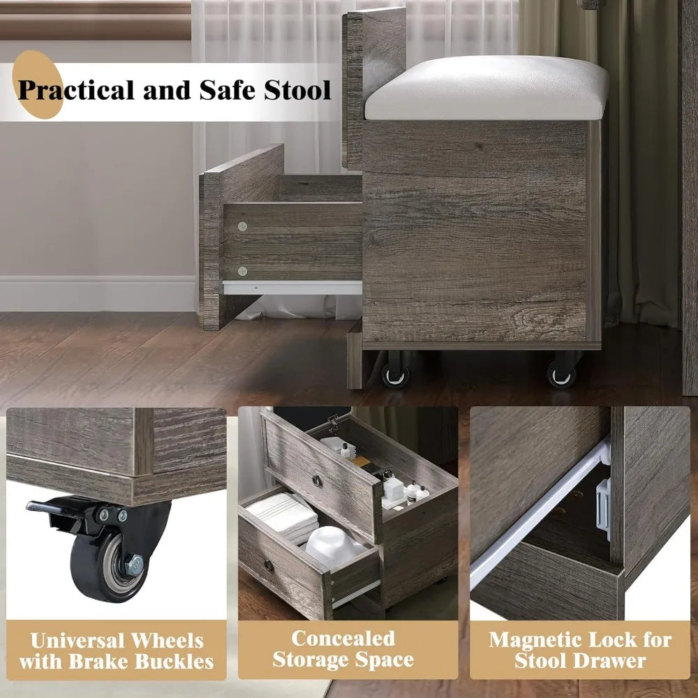 3-in-1 Vanity Set with LED Lighted Flip Top Mirror, Makeup Table with Fold-Up Panel, Hidden Stool, Charging Station, Small Vanit