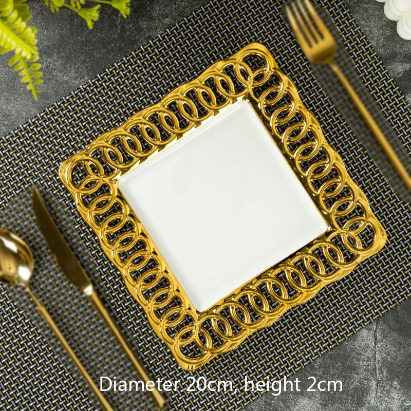 Gold-Plated Hollow-Out Ceramic Serving Plate – Decorative Steak, Dessert & Salad Plate