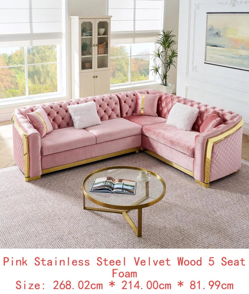 L-Shaped Sectional Sofa Set – 106″ Velvet with Gold Accents