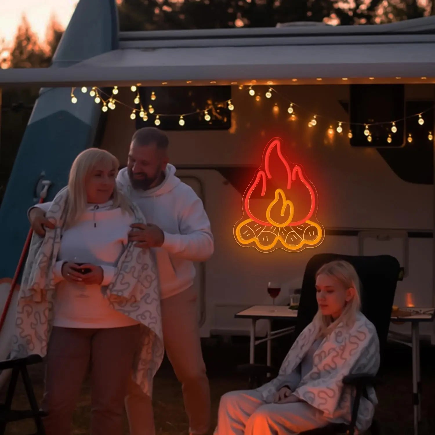 Campfire Neon Sign Bonfire LED Happy Camper Flame Neon Light USB Dimmable for Campsite Rv Touring Trailer Fireplace Party Decor