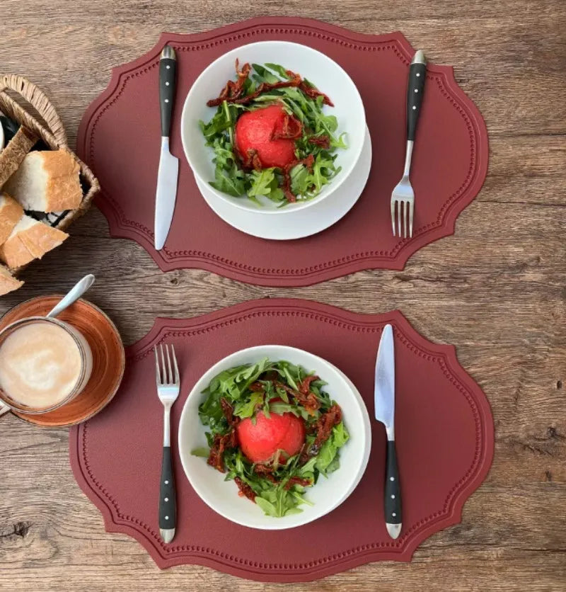 2pcs Oval Shaped Placemat Faux Leather Table Pad Luxury Place Mat Tableware Cafe Pad Kitchen Accessories Grey