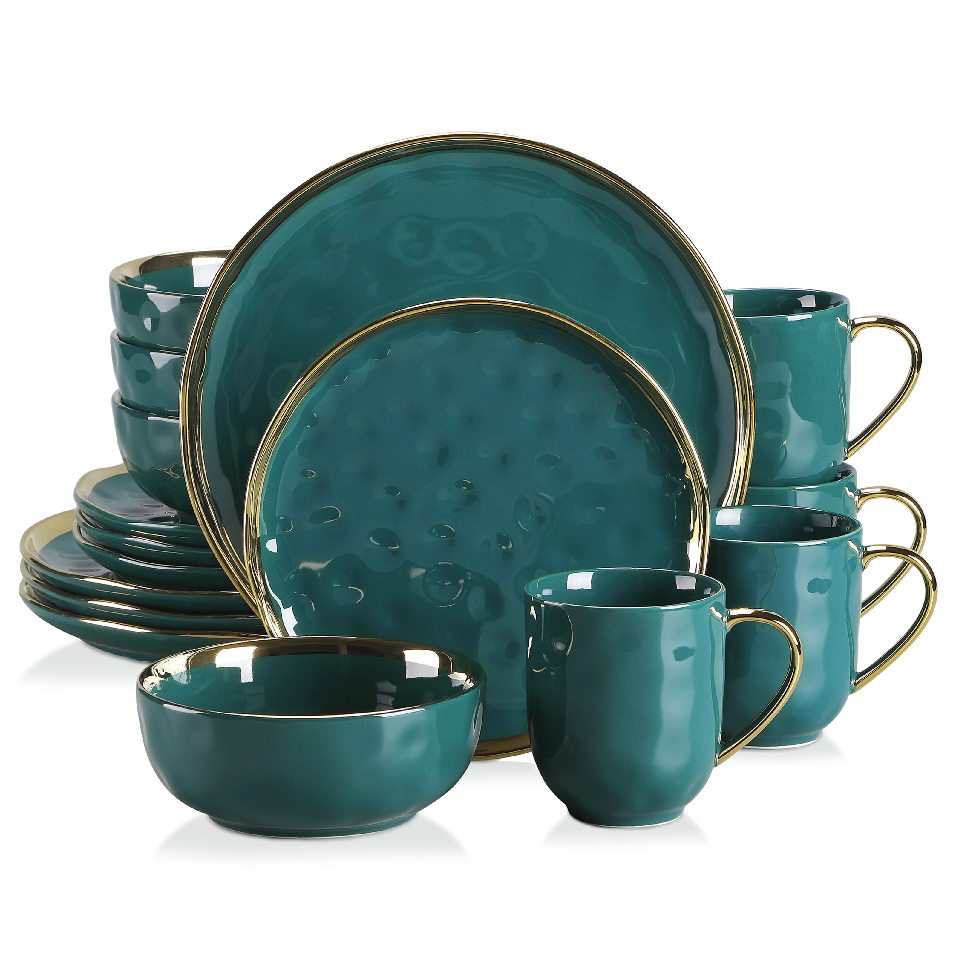LOVECASA 16/32 Piece Green Porcelain Dinnerware Set with 4PCS Gold Trim Dessert Plate,Dinner Plate,Cup,Bowl Tableware Set