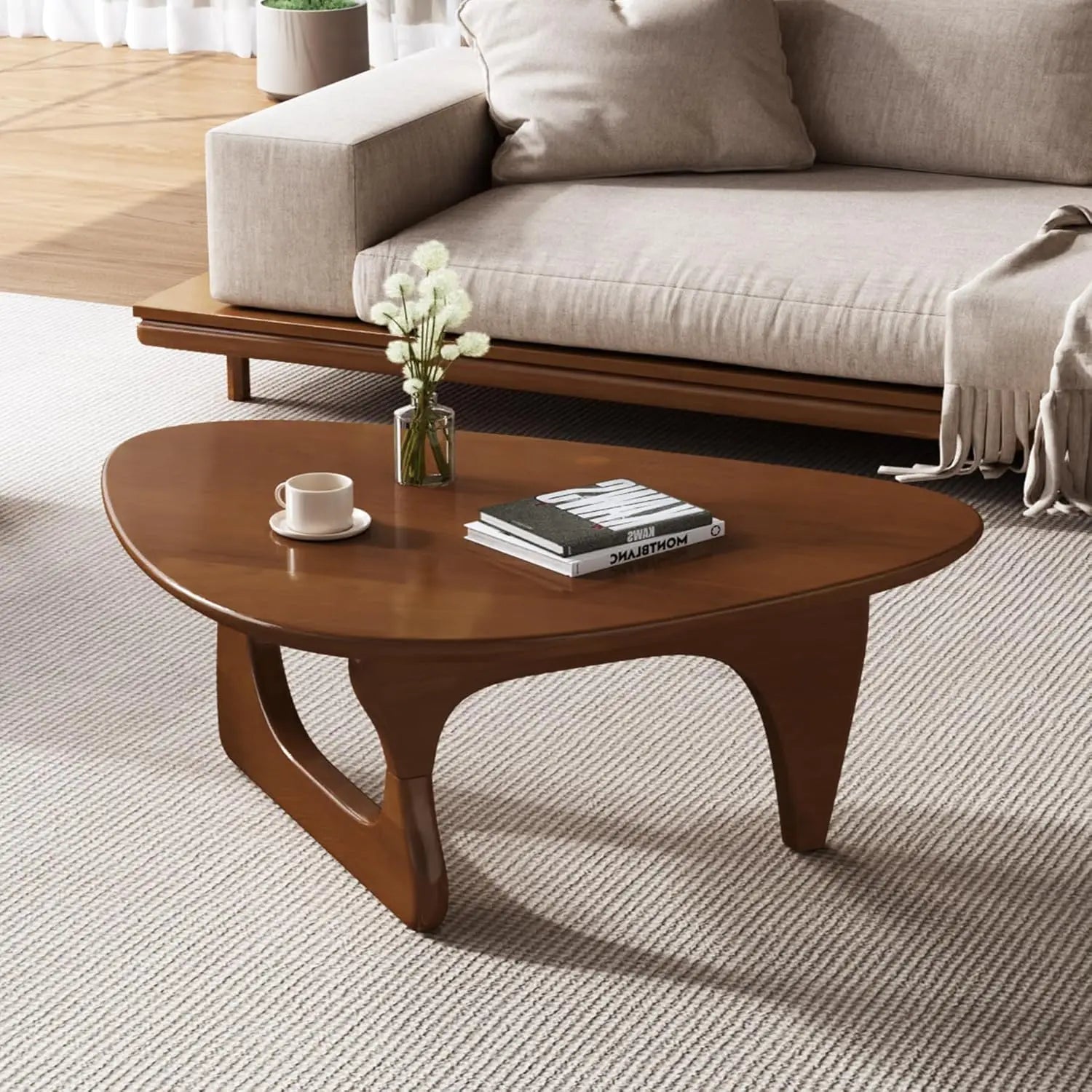 Mid-Century Modern Triangle Coffee Table – Rustic Center Table with Solid Wood Legs