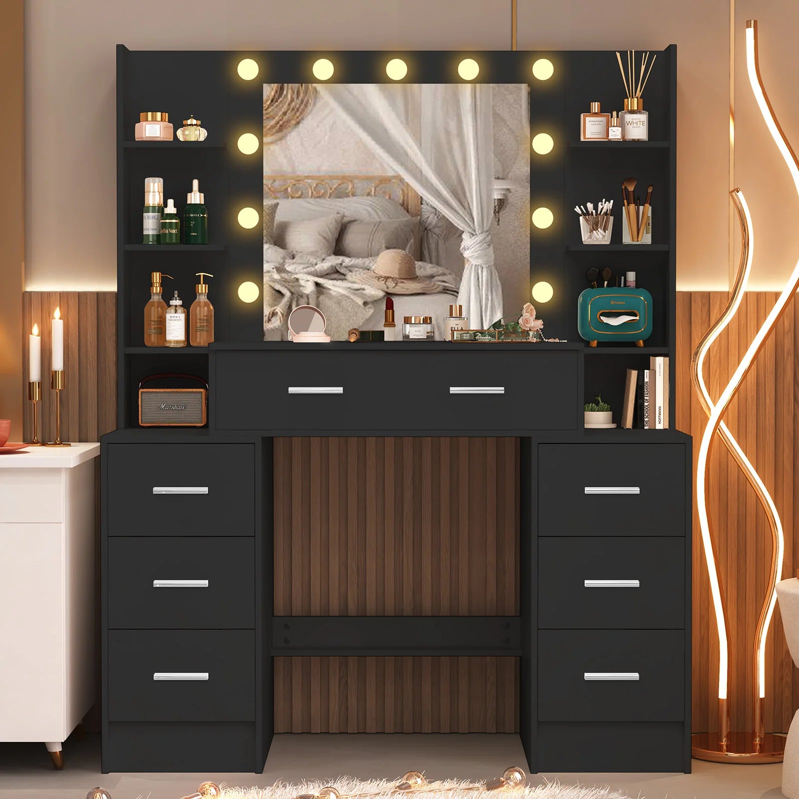 Black Large Vanity Dressing Table with LED Mirror 7 Drawers 3 Color Light Storage Bedroom Cosmetic Station for Women Girls