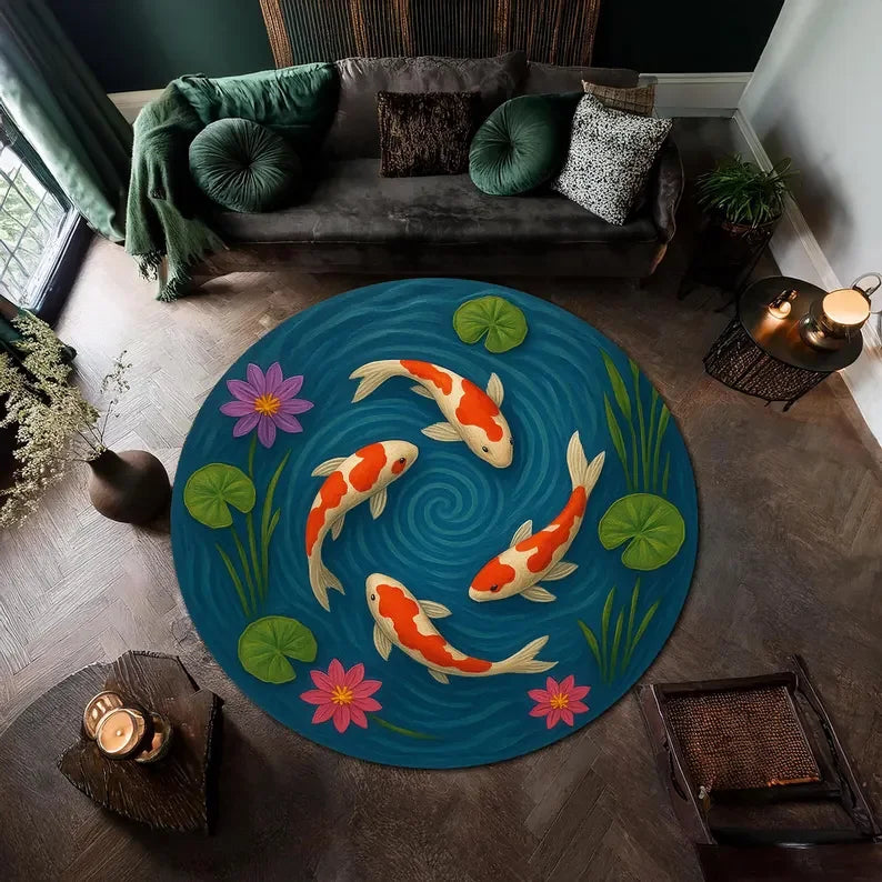 Japanese Koi Fish Round Rug Zen Living Room Living Room Bedroom Home Decoration Carpet