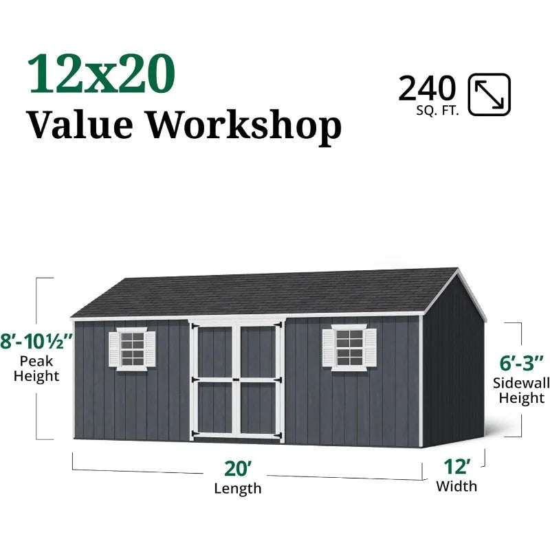 12x20 Outdoor Wooden Workshop Shed with Floor and Openable Windows, DIY Precut Storage Kit