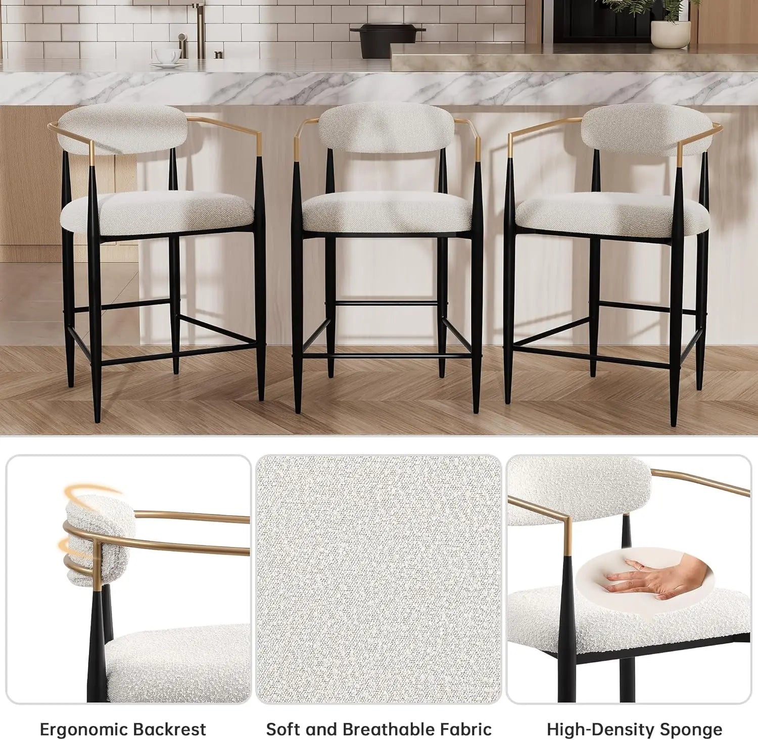 Counter-Height Bar Stools – Modern Upholstered Chairs with Gold Arms (Set of 2)