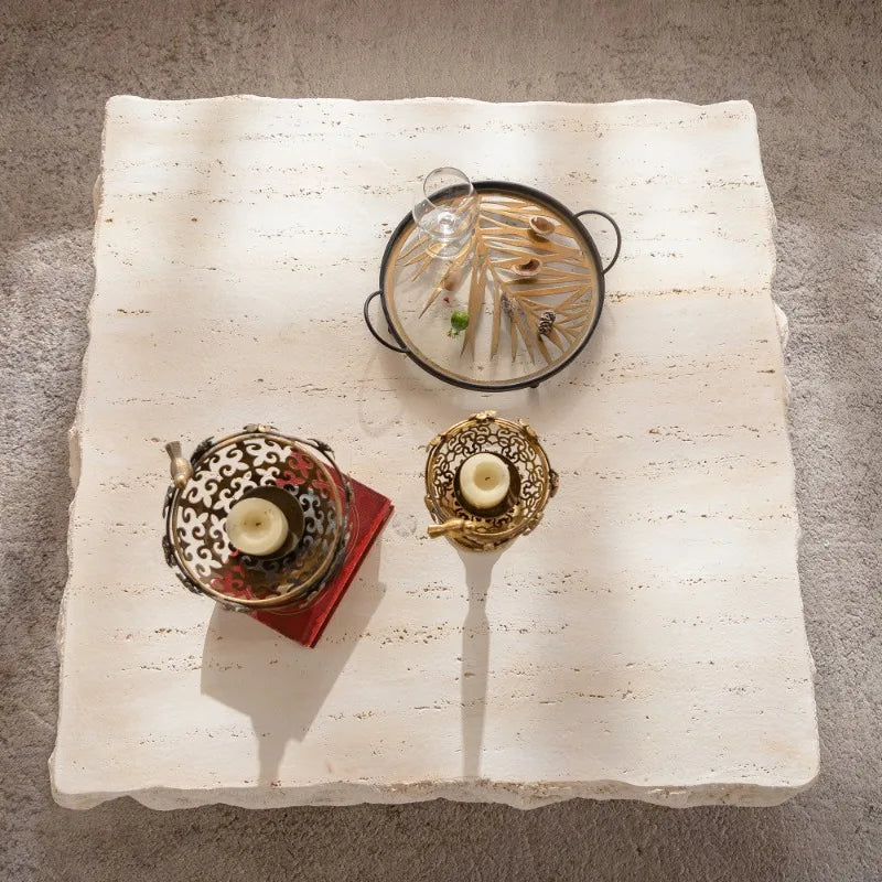 Natural Stone Square Coffee Table – Rustic Solid Stone Tea Table in White for Modern Living Rooms