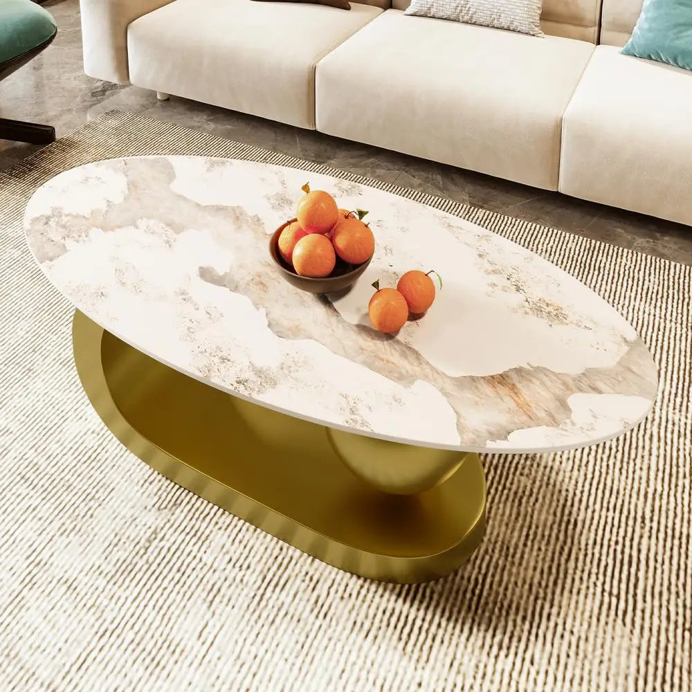 Modern Oval Sintered Stone Coffee Table with White Marble Pattern & Gold Stainless Steel Base – 47.2”