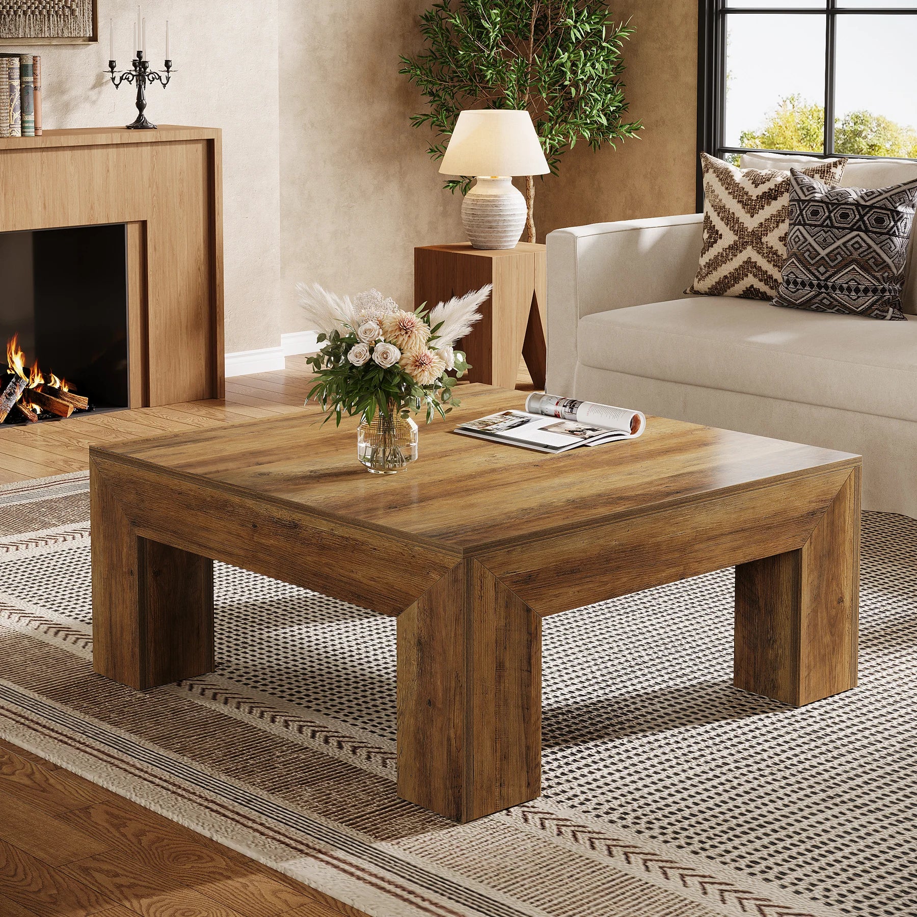 Tribesigns 39.4-Inch Square Farmhouse Coffee Table – MDF Accent Center Cocktail Table with Sturdy Wooden Legs