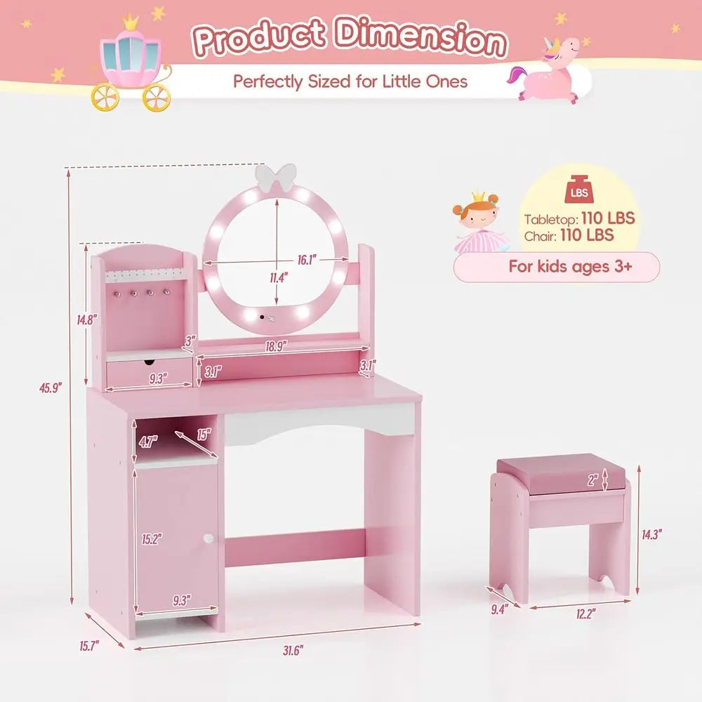 Princess Vanity Set for Kids with Mirror, Lights, Storage, and Cushioned Seat in Pink