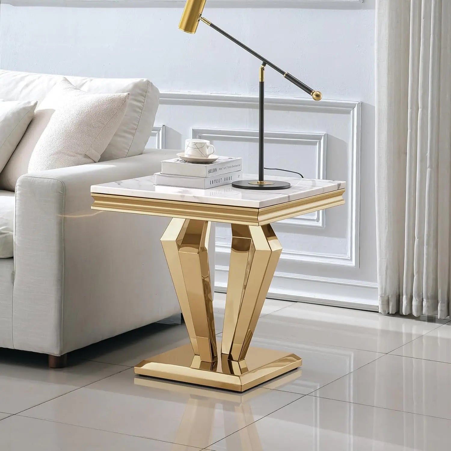 White Marble Side Table Small End Table with Stainless Steel Diamond-Shaped Base,Faux Marble Living Room Side Table, Night Stand