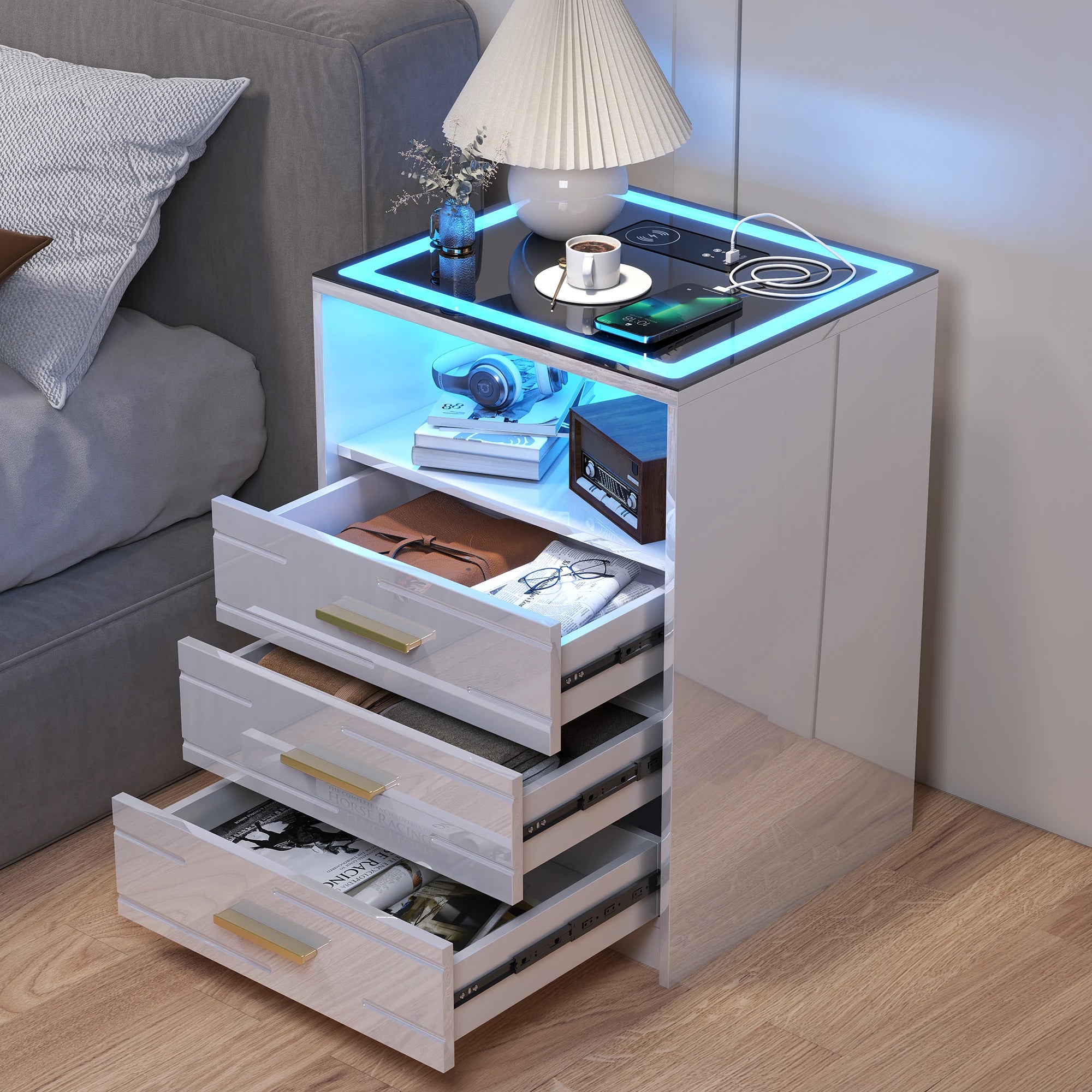 JDPAG LED Bedside Table with Charging Station, High Gloss Nightstand with 3 Drawers, 3 Color Dimmable Light Modern Smart Night
