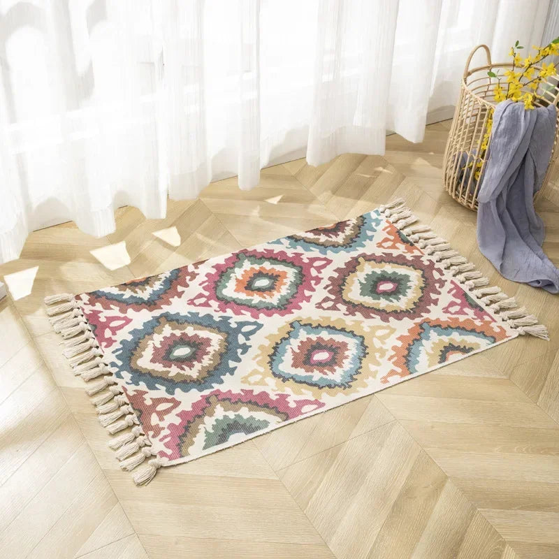 Nordic Cotton And Linen Knit Rug Ethnic Style Carpet Tassel Small Rug Bedroom Kitchen Rugs Mat Boho Washable Home Decoration