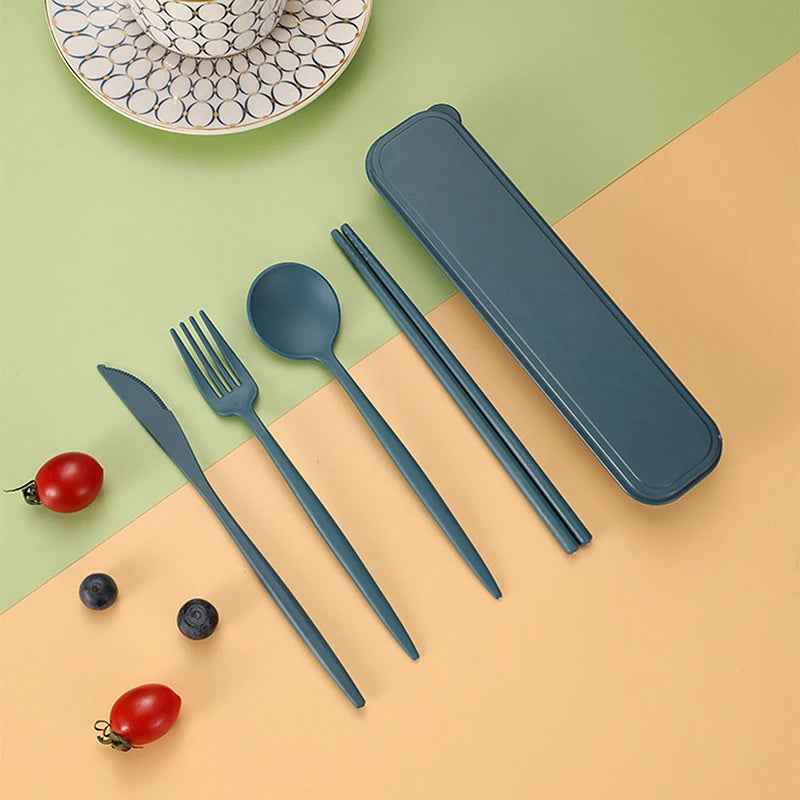 4Pcs Travel Cutlery Sets Portable Tableware Set With Box Chopsticks Fork Spoon Knife Wheat Straw Dinnerware Picnic Cutlery