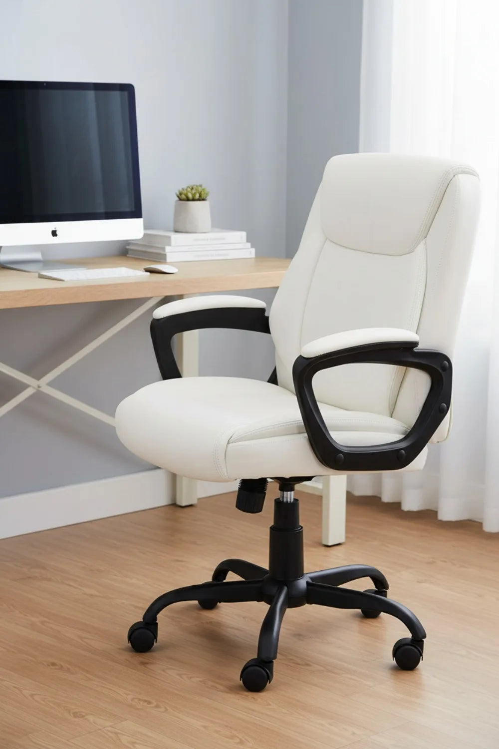 Adjustable Mid-Back Office Chair with Armrests, PU Padded Seat, Height Control, Cream Color, 275 lbs Capacity
